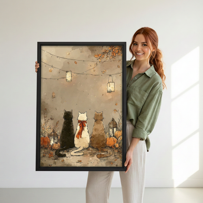  Woman holding framed autumn cats and lanterns canvas wall art.