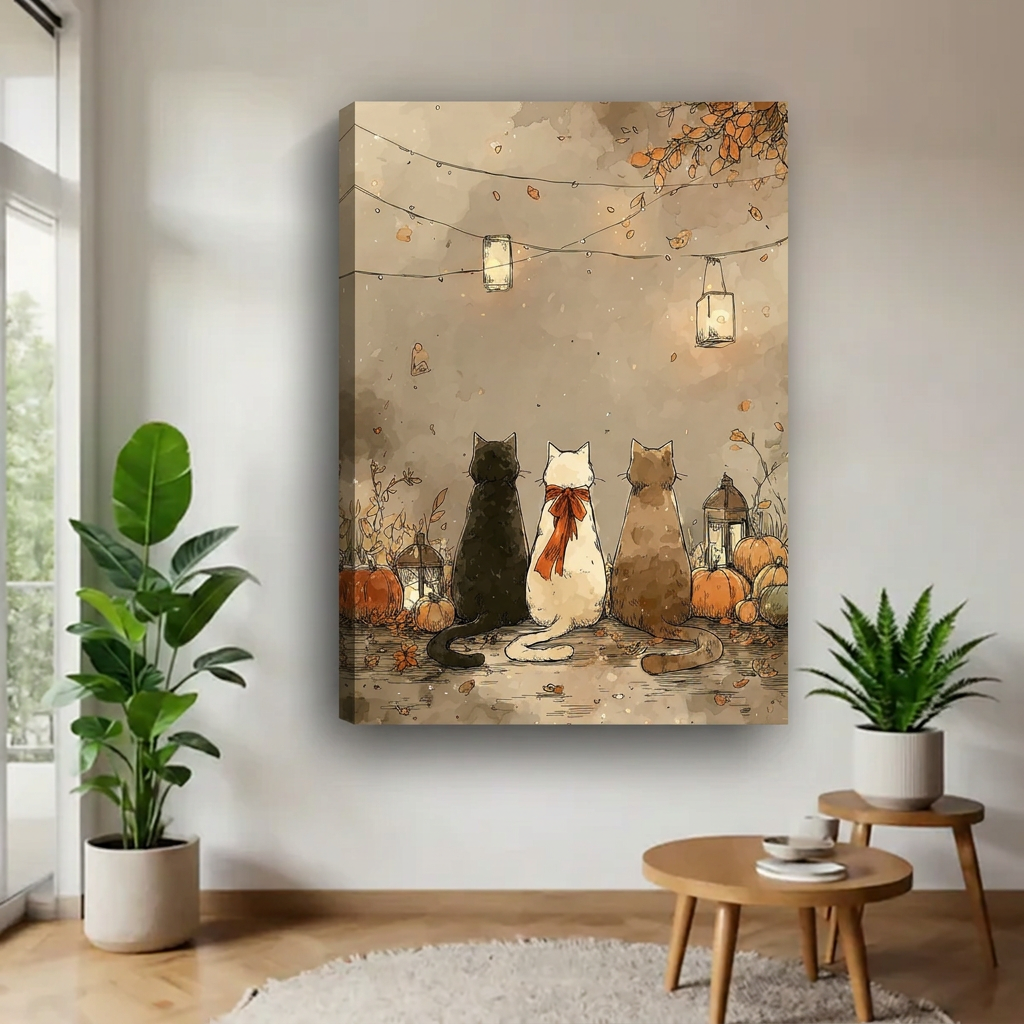Unframed autumn cats and lanterns canvas with pumpkins and falling leaves.