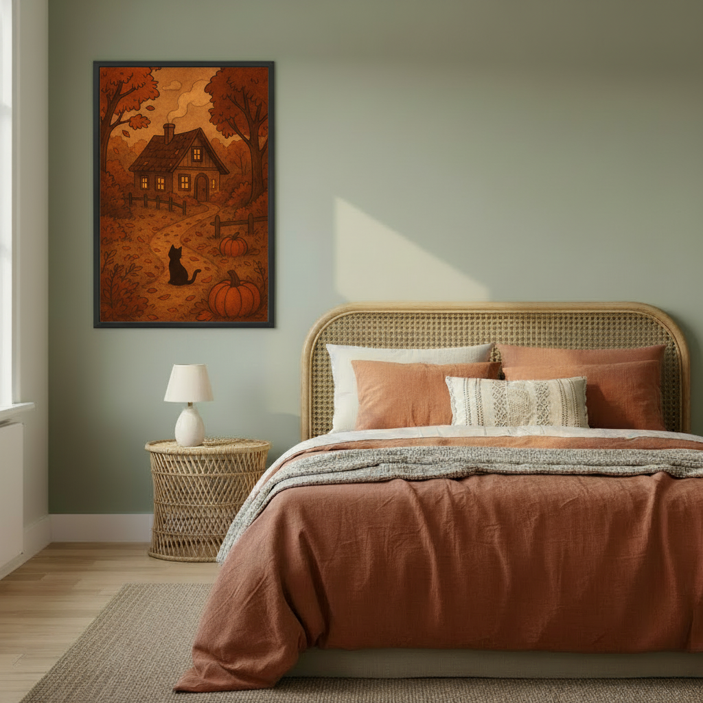Autumn cottage cat canvas wall art hanging above a cozy bed in a warm bedroom