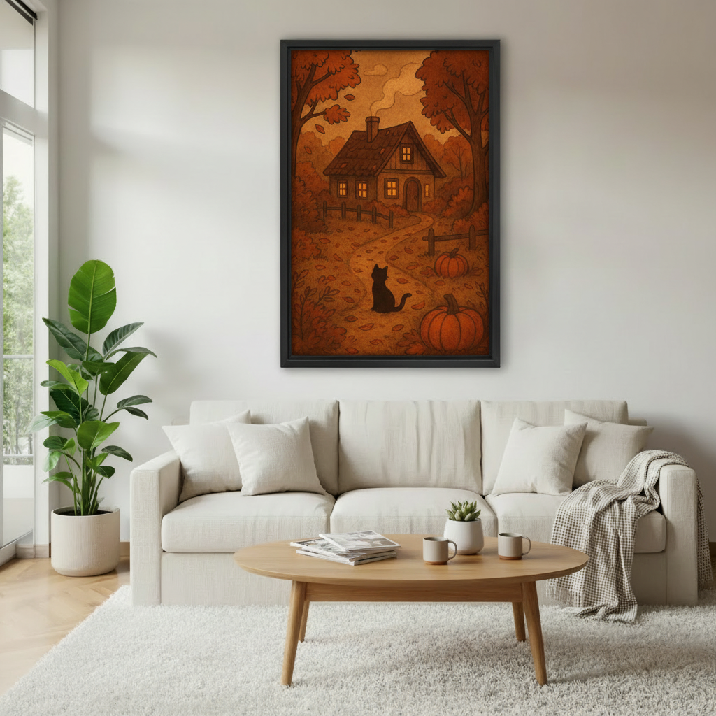 Framed autumn cottage cat canvas wall art above a cream sofa in a bright living room