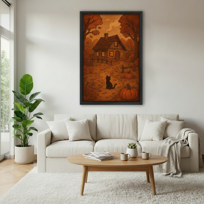 Framed autumn cottage cat canvas wall art above a cream sofa in a bright living room
