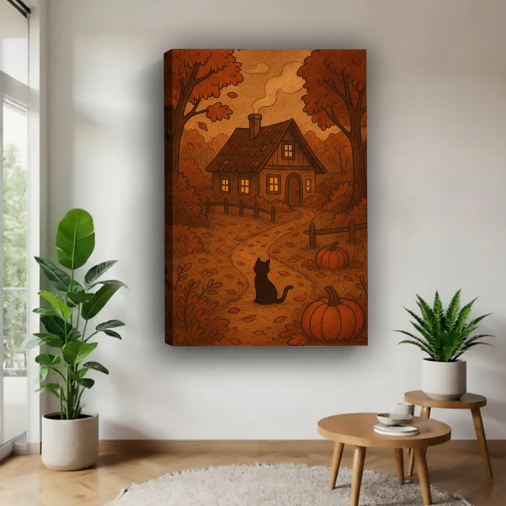 Gallery wrap autumn cottage cat canvas wall art displayed between plants in a modern room