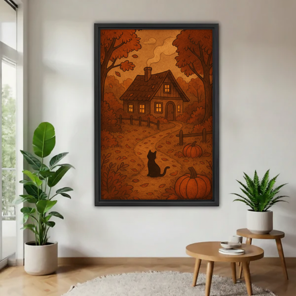 Framed autumn cottage cat canvas wall art displayed above plants in a sunlit living room
