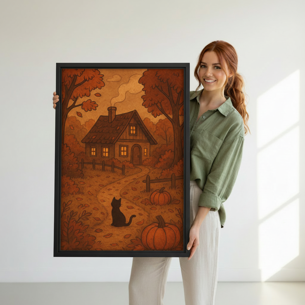 Woman holding framed autumn cottage cat canvas wall art with pumpkins in a bright room