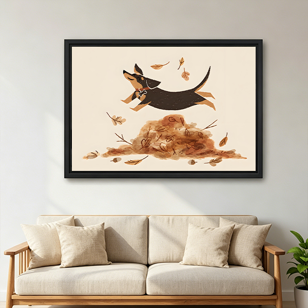 Framed autumn dog canvas wall art above a bed, featuring a playful dog leaping over a leafy pile