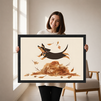 Framed autumn dog canvas wall art above a wooden console, showing a dog jumping through falling leaves