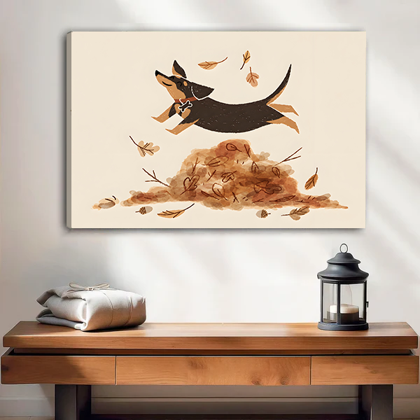 Woman holding autumn dog canvas wall art featuring a joyful leaping dog, loose ink lines, and warm leaves