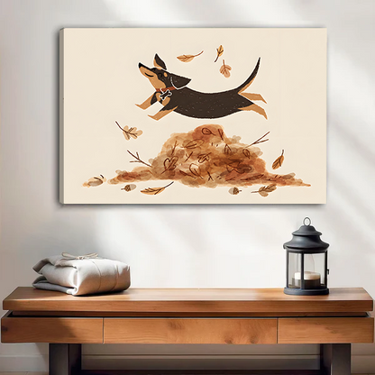 Woman holding autumn dog canvas wall art featuring a joyful leaping dog, loose ink lines, and warm leaves