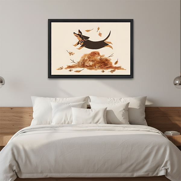 Autumn dog canvas wall art above a console, showing a joyful dog flying over a watercolor leaf pile