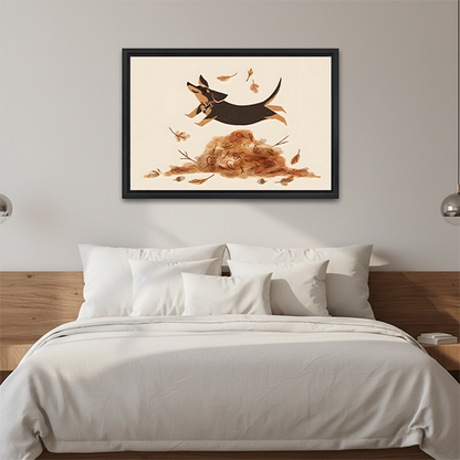 Autumn dog canvas wall art above a console, showing a joyful dog flying over a watercolor leaf pile