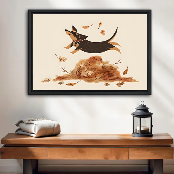 Autumn dog canvas wall art above a cream sofa, showing a playful dog leaping over colorful fallen leaves