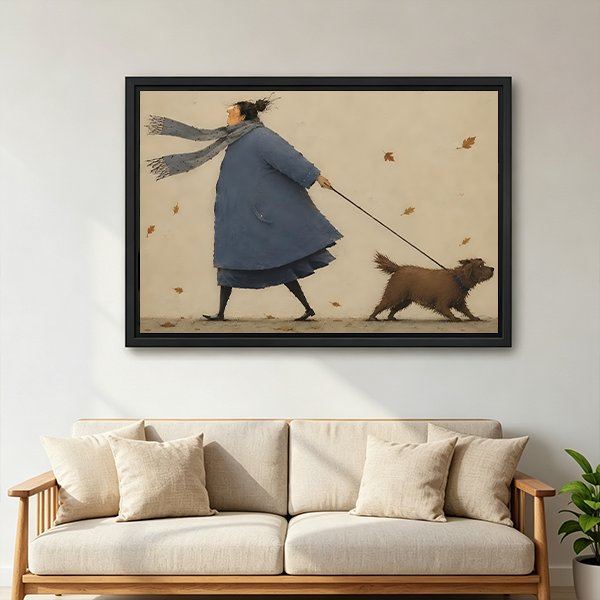 Framed autumn dog walk canvas wall art with drifting leaves hangs above a white bedroom bed.