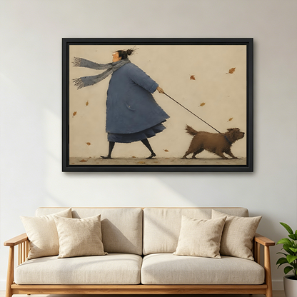 Framed autumn dog walk canvas wall art with drifting leaves hangs above a white bedroom bed.