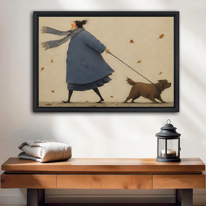 Framed autumn dog walk canvas wall art shows a woman in a blue coat and brown dog above a console.