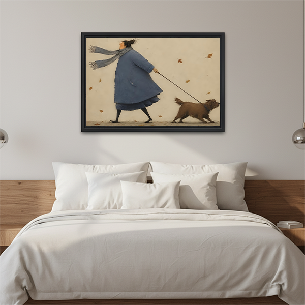 Framed autumn dog walk canvas wall art above a cream sofa shows a breezy walk with a brown dog.