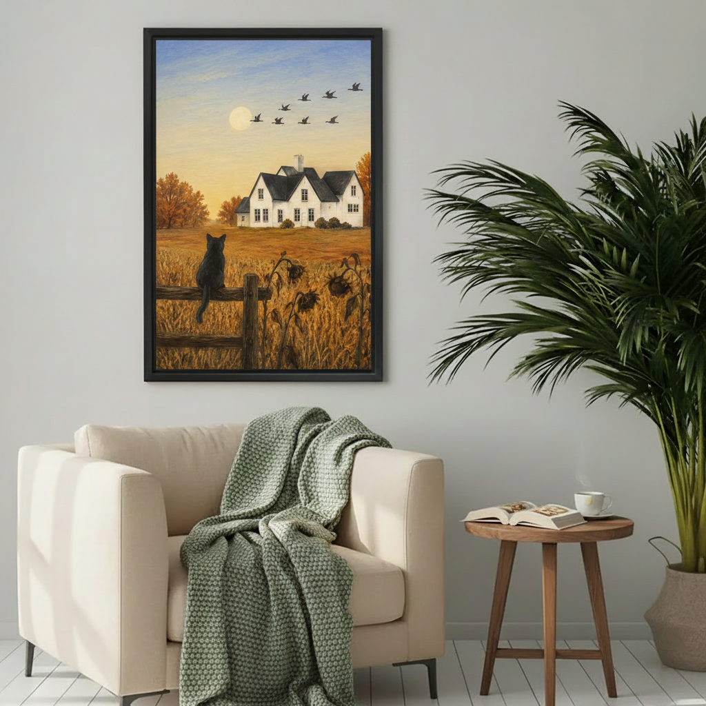 Autumn farm black cat canvas wall art framed print styled above bed as warm bedroom wall decor