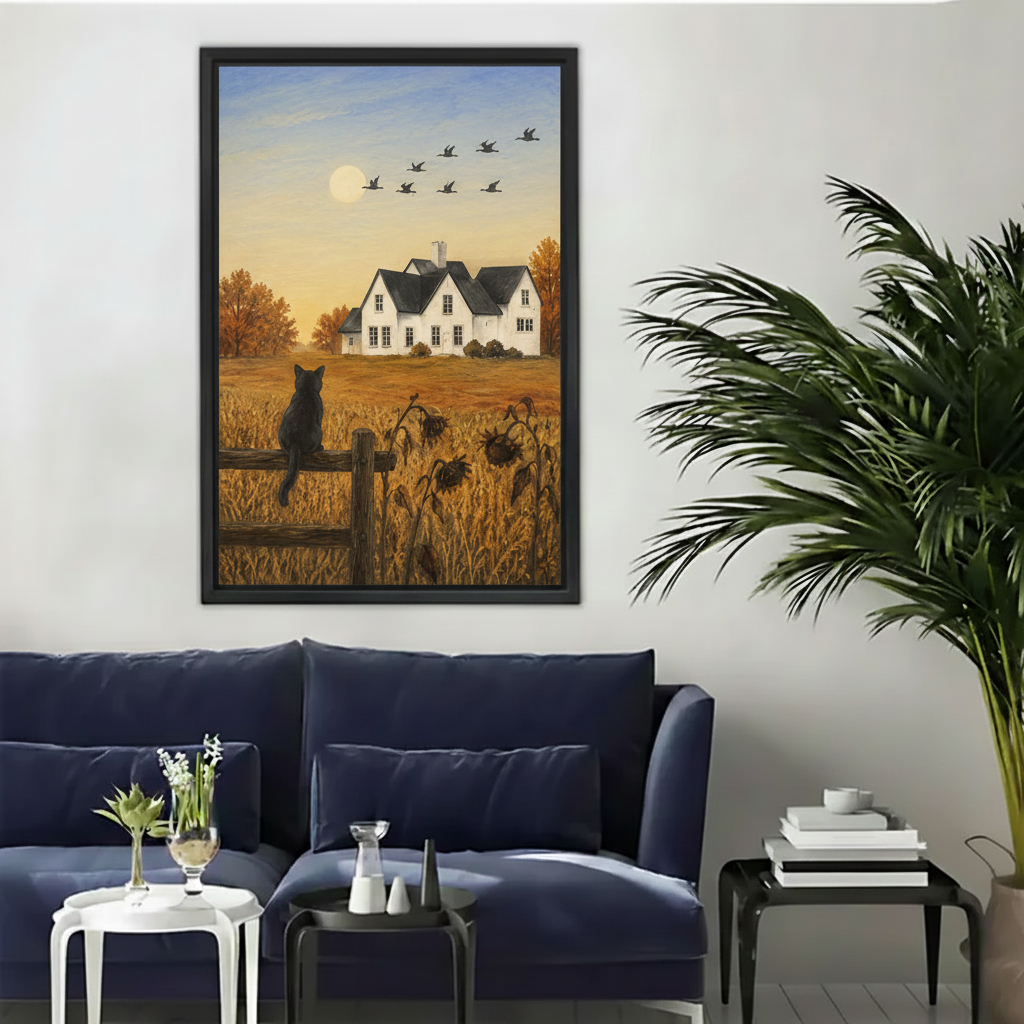 Autumn farm black cat framed canvas wall art in black frame hanging above navy blue sofa in living room