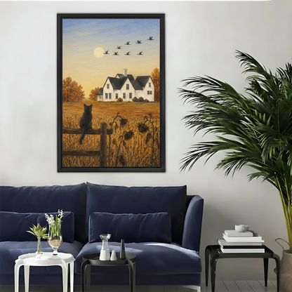 Autumn farm black cat framed canvas wall art in black frame hanging above navy blue sofa in living room