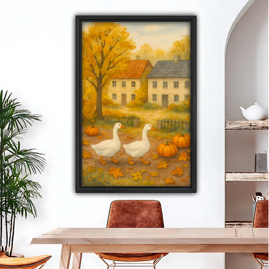 Framed autumn geese and pumpkins canvas above a dining table.