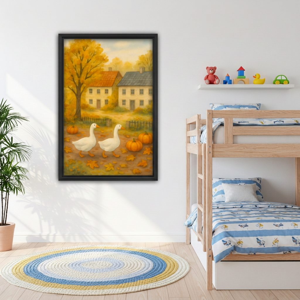  Framed autumn geese and pumpkins canvas beside wooden bunk beds.