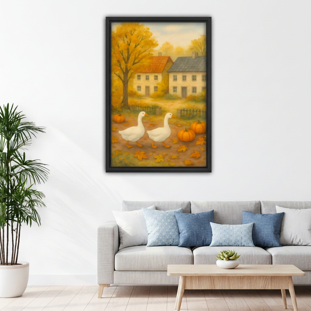 Framed autumn geese and pumpkins canvas above a light gray sofa.