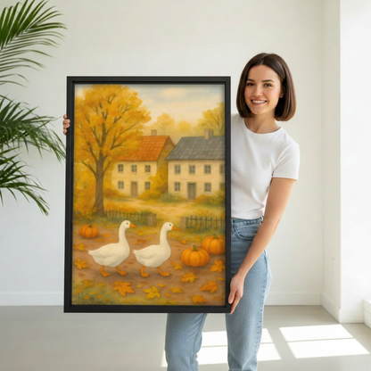 Woman holding framed autumn geese and pumpkins canvas.