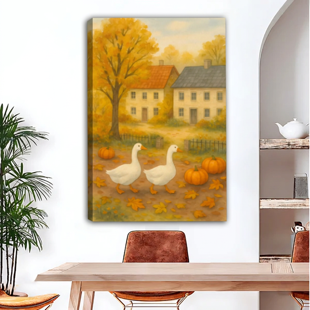  Unframed autumn geese and pumpkins canvas with golden trees and cottages.