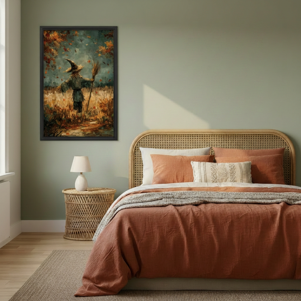 Framed autumn scarecrow canvas beside a rattan bed.