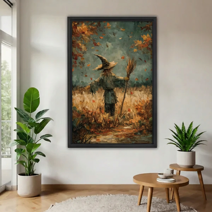  Framed autumn scarecrow canvas with a broom and falling leaves beside indoor plants.