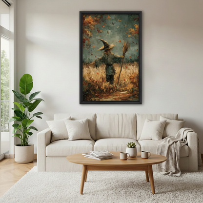 Framed autumn scarecrow canvas above a cream sofa.
