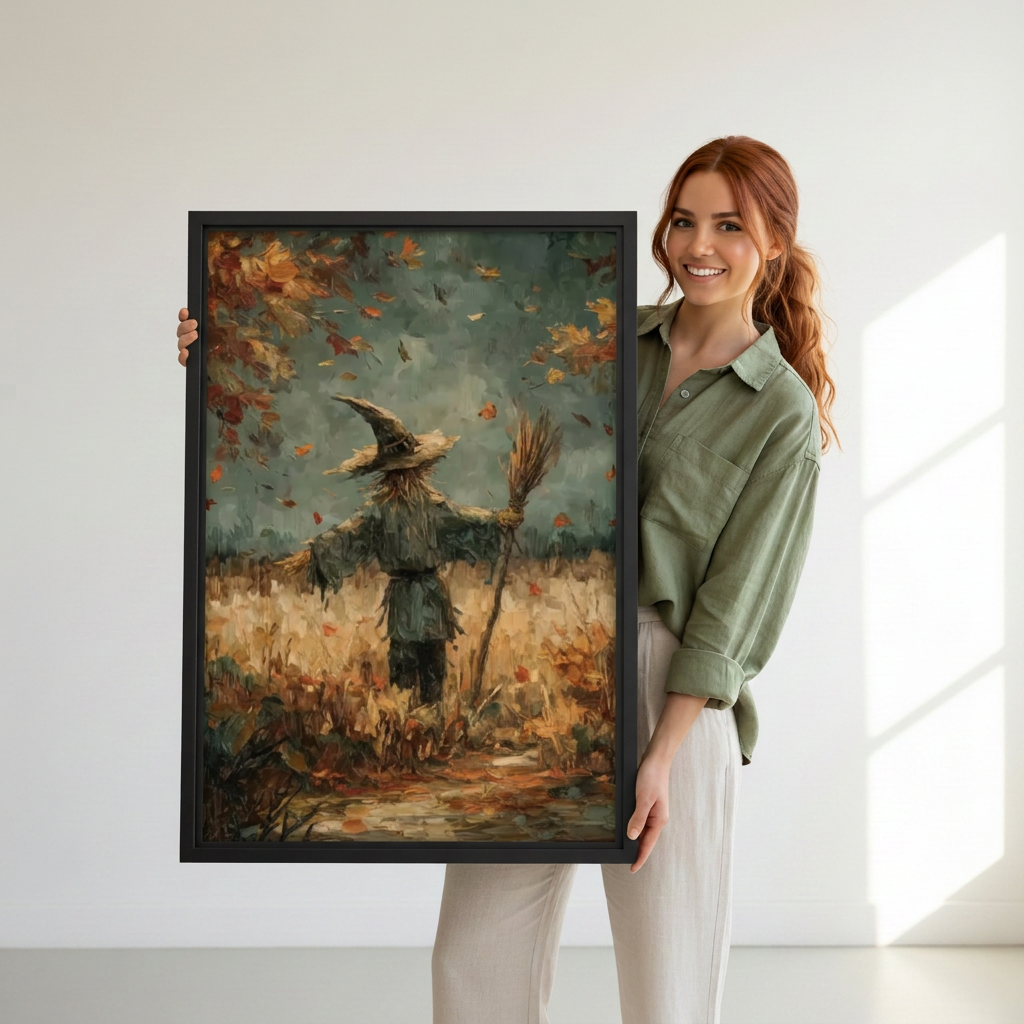  Woman holding framed autumn scarecrow canvas wall art.