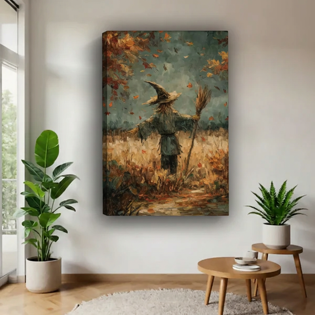 Unframed autumn scarecrow canvas in a golden field with falling leaves.