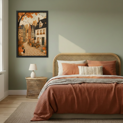  Framed autumn village and black cat canvas beside a rattan bed.