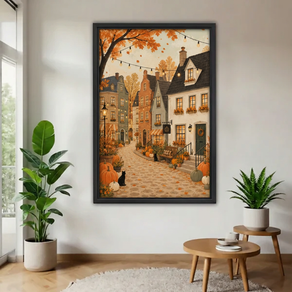  Framed autumn village and black cat canvas beside indoor plants.