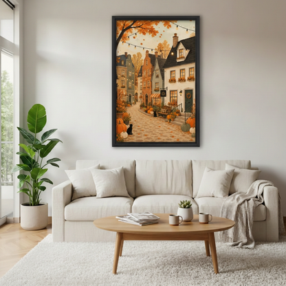Framed autumn village and black cat canvas above a cream sofa.
