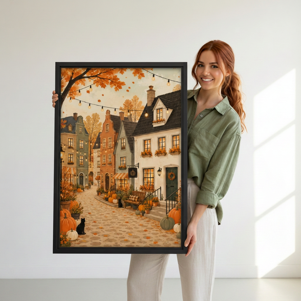 Woman holding framed autumn village and black cat canvas.