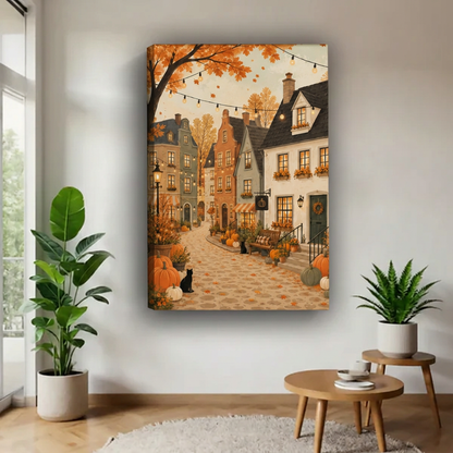 Unframed autumn village canvas with black cats, pumpkins and a cobblestone street.