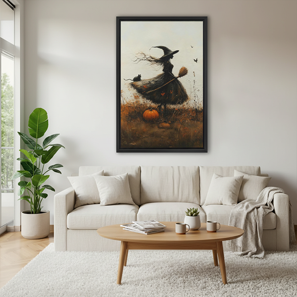 Unframed autumn witch canvas wall art with a black cat and pumpkin displayed in a bright plant-filled corner.