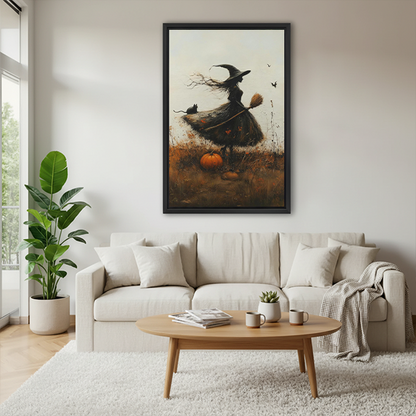 Unframed autumn witch canvas wall art with a black cat and pumpkin displayed in a bright plant-filled corner.