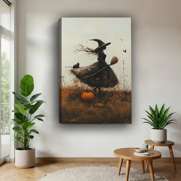 Black-framed autumn witch canvas wall art beside a rattan bed with terracotta bedding against a green wall.
