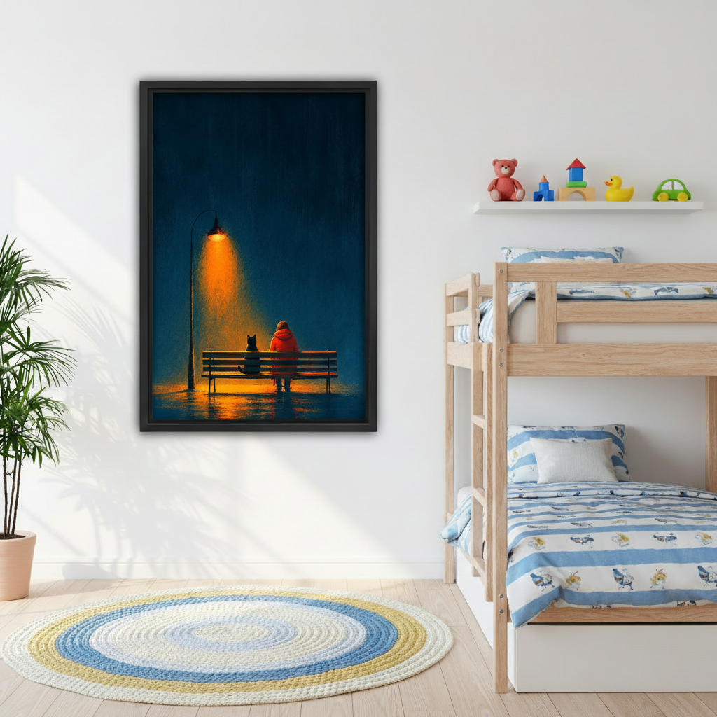 Moody night cat and person bench canvas wall art above grey sofa, black frame, dark teal atmospheric oil painting with warm orange lamplight, modern living room decor