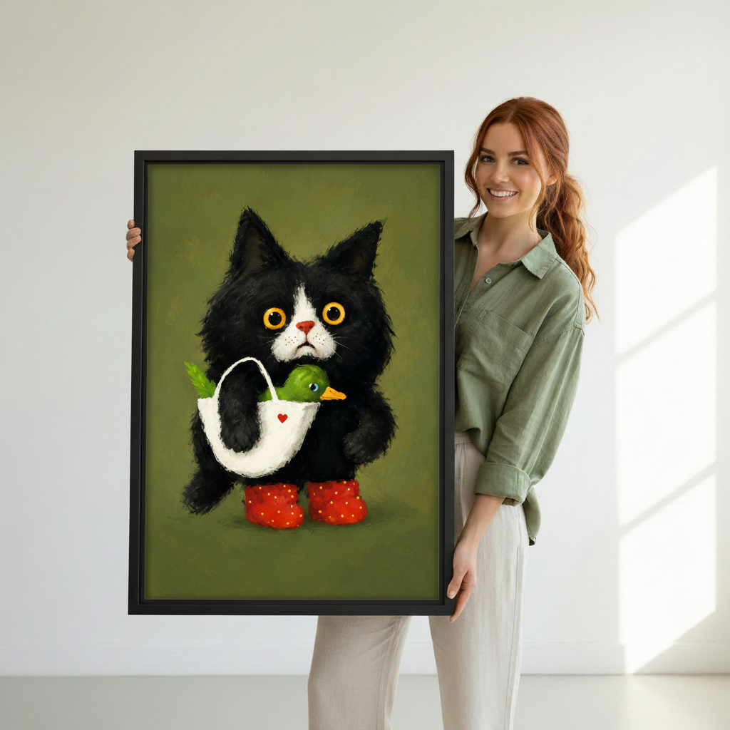 Black framed whimsical tuxedo cat and duck canvas art held against white studio background