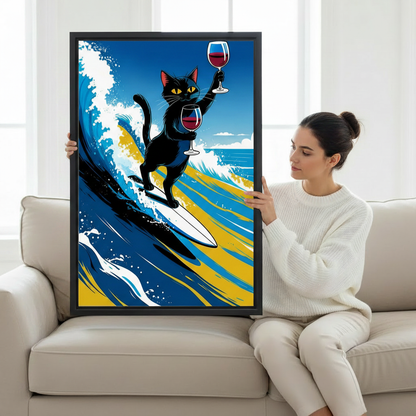 Surfing Cat Wine Funny Animal Wall Art Print l1978