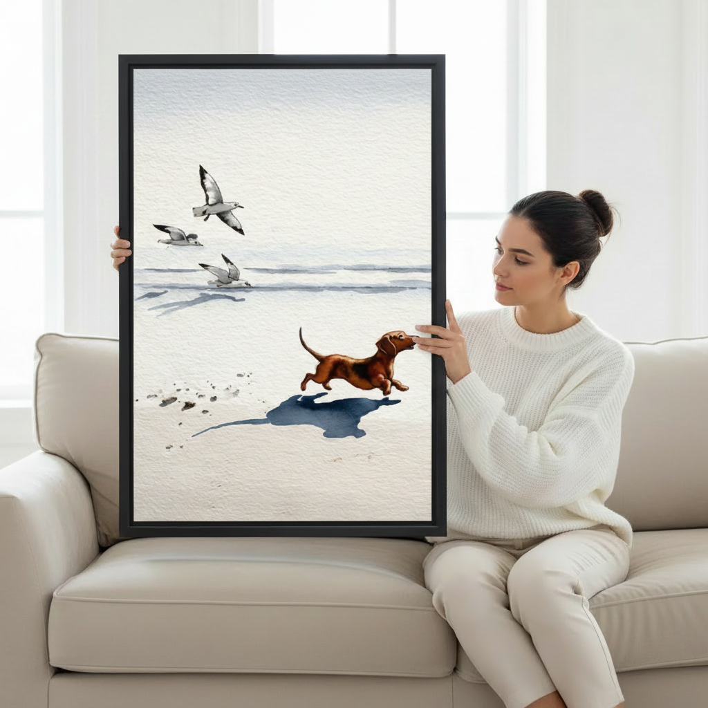 Dachshund Beach Run Seagull Watercolor Wall Art Print l1988