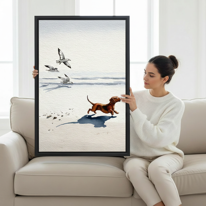 Dachshund Beach Run Seagull Watercolor Wall Art Print l1988