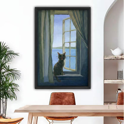 Vintage smiling cat window oil painting framed wall art, black frame, above dining table