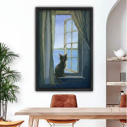 Vintage smiling cat window oil painting framed wall art, black frame, above dining table