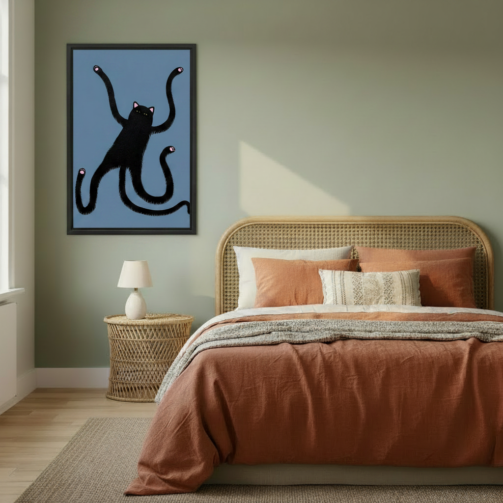 Quirky long arm black cat canvas wall art hanging in a cozy bedroom, funny framed print for cat lovers and modern home decor