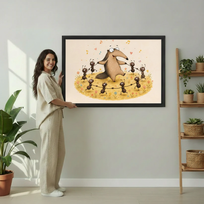 Cute anteater dancing with ants canvas print, playful animal illustration wall art