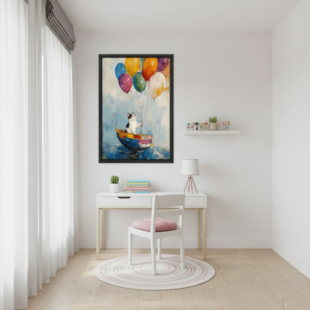Colorful cat sailing on balloon boat framed canvas wall art above white desk in bright kids study room